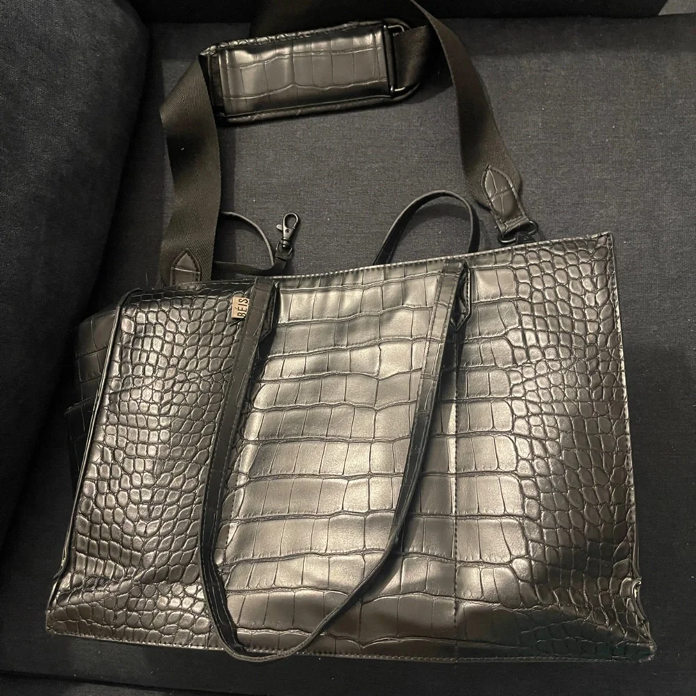 BEIS Black Croc-Embossed Tote Bag